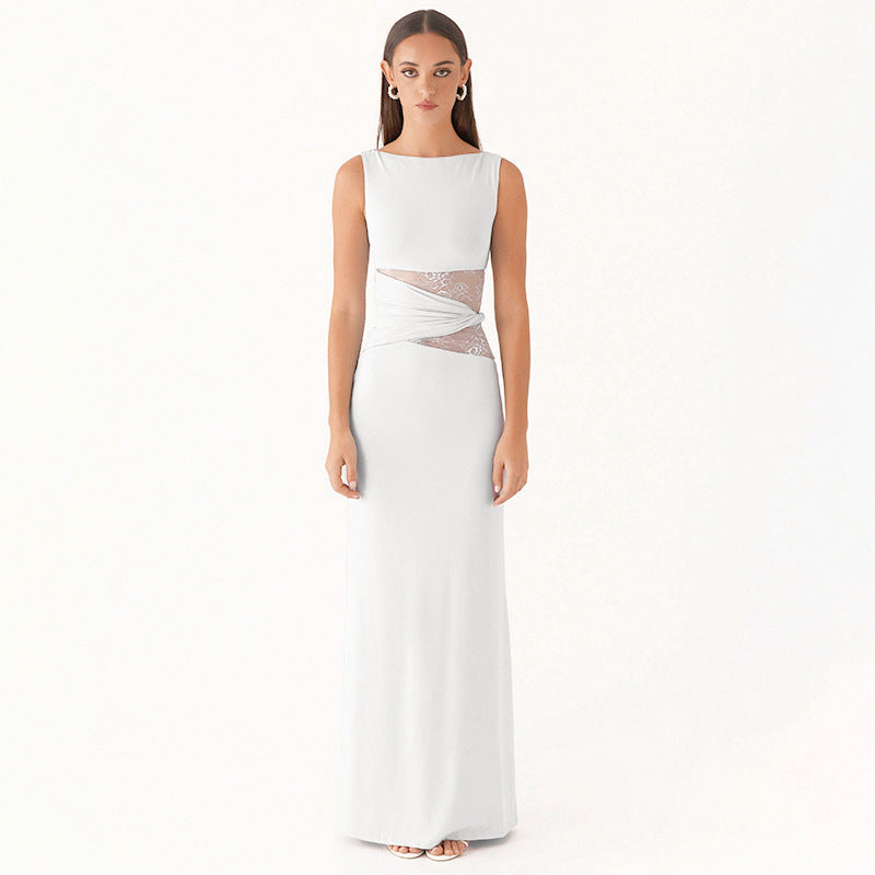 Damen Elegantes langes Kleid mit raffinierten Spitzendetails EB