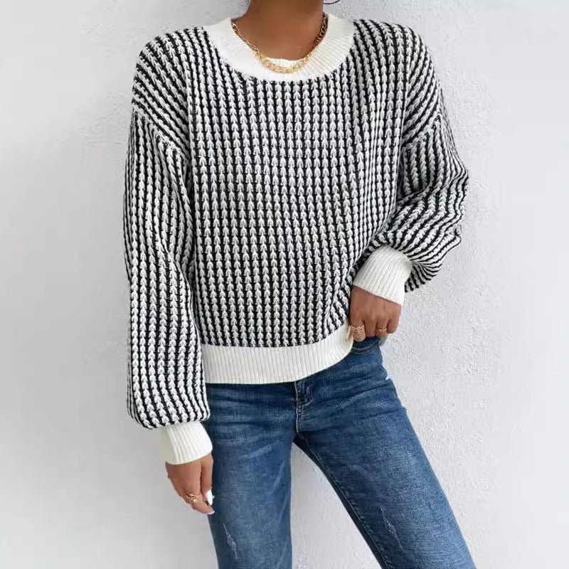 Damen lässiger Strickpullover mit voluminösen Ärmeln und strukturiertem Muster EB
