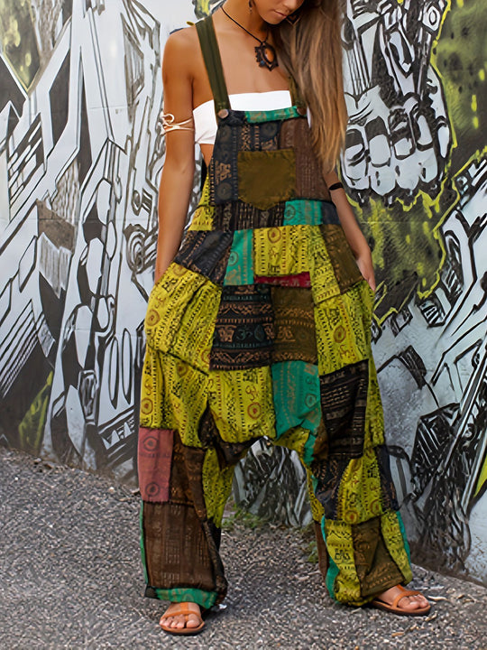 Damen Lässiger Jumpsuit mit buntem Patchwork-Muster EB