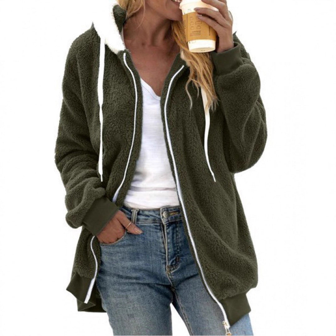 Damen Kuschelige Teddy-Fleece-Kapuzenjacke mit Reißverschluss und Oversized-Schnitt EB