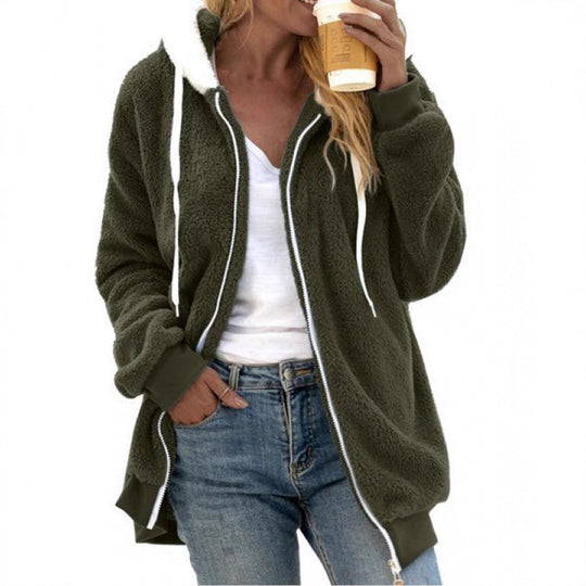 Damen Kuschelige Teddy-Fleece-Kapuzenjacke mit Reißverschluss und Oversized-Schnitt EB