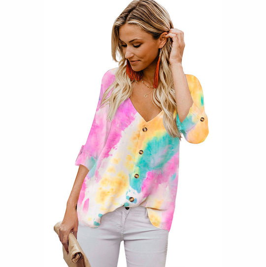 Damen Lässige Bluse mit buntem Farbverlauf und umschlagbaren Ärmel EB