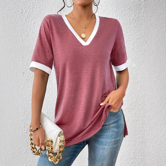 Damen V-Ausschnitt T-Shirt mit modischen Akzenten und bequemen Schnitt EB