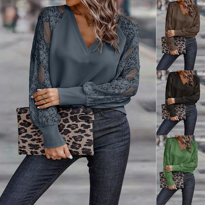 Damen V-Ausschnitt Pullover mit Spitzen-Details EB