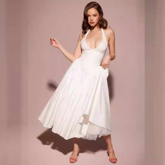 Damen Elegantes Kleid mit tiefem V-Ausschnitt und voluminösem Rock EB