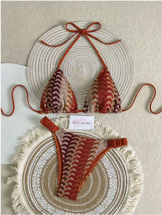 Damen Triangel-Bikini mit buntem Häkelmuster EB