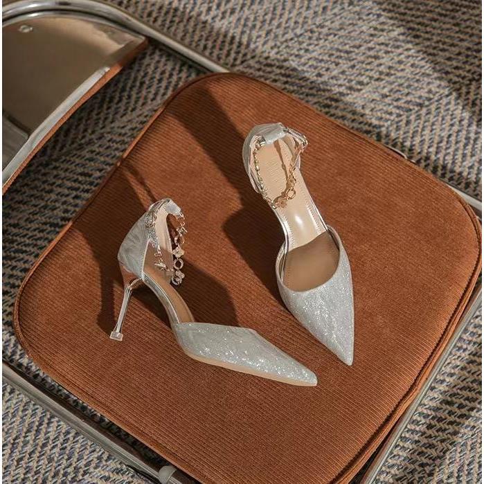 Damen elegante Pumps mit glitzerndem Strass und zartem Riemchen EB
