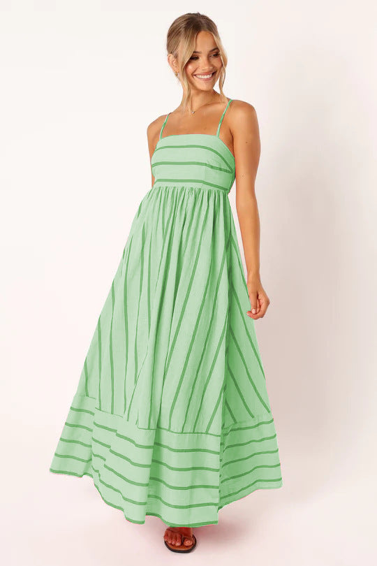 Damen Maxi-Kleid mit schmalen Spaghettiträgern und eleganten Querstreifen EB