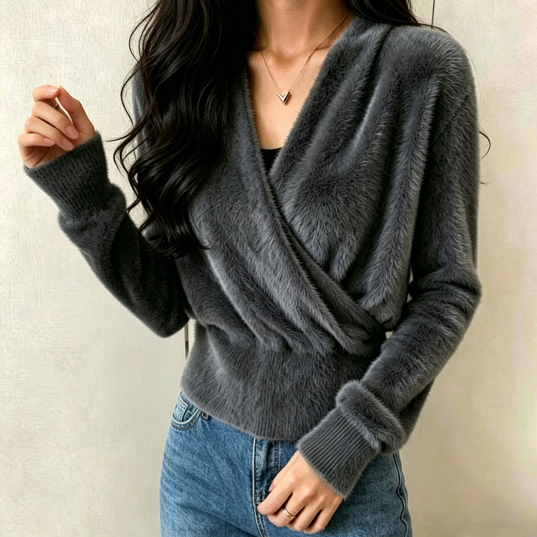 Damen Kuscheliger Wickel‑Pullover aus Faux‑Fur mit tiefem V‑Ausschnitt EB