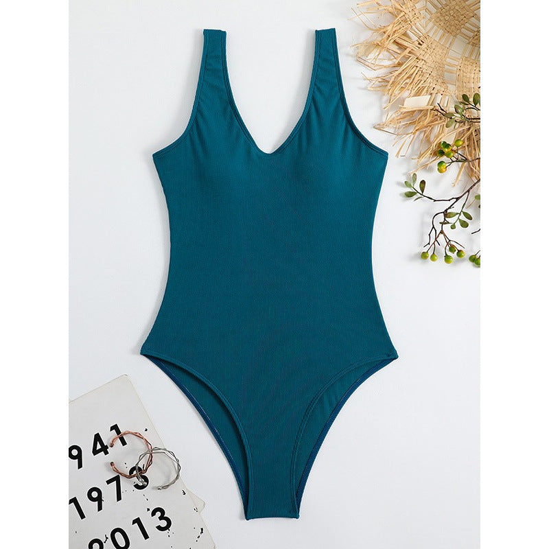 Damen Einteiler Badeanzug mit elegantem V-Ausschnitt und figurformendem Schnitt EB