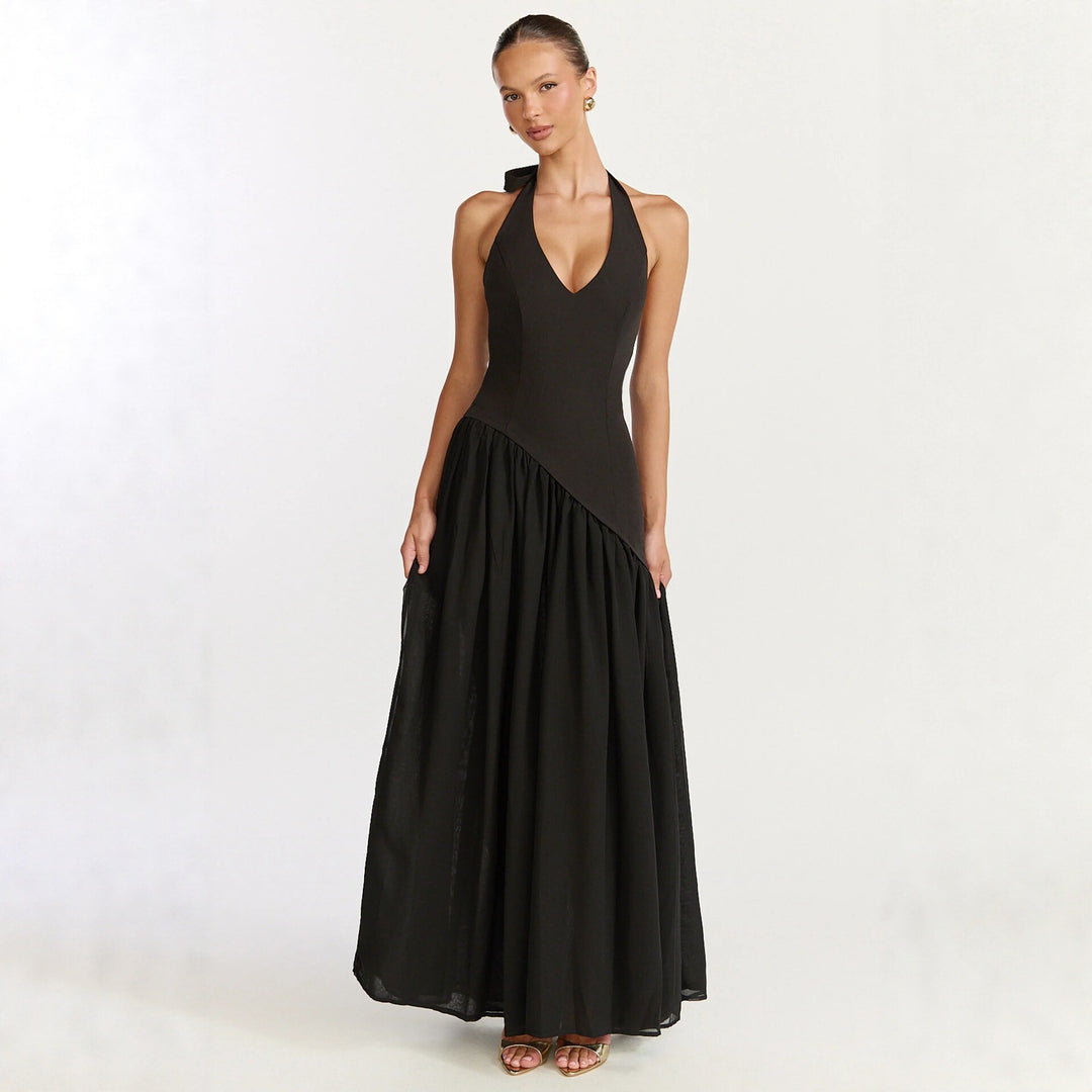 Damen Maxikleid mit tiefem V-Ausschnitt und asymmetrischem Rock EB