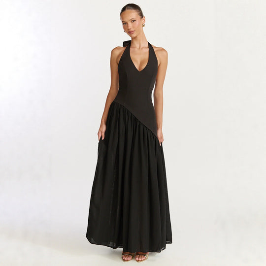 Damen Maxikleid mit tiefem V-Ausschnitt und asymmetrischem Rock EB