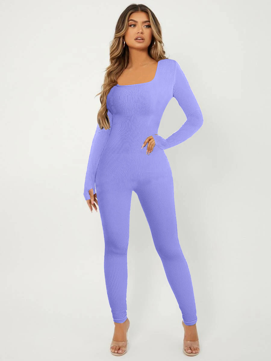 Damen Langarm Jumpsuit im eleganten Rippenmuster EB