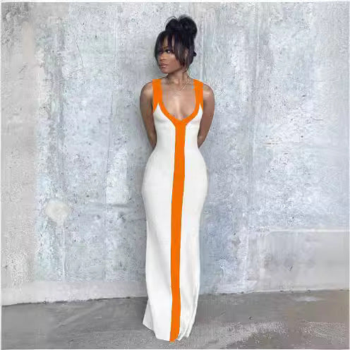 Damen elegantes Maxikleid mit tiefem V-Ausschnitt und kontrastierendem Streifen EB