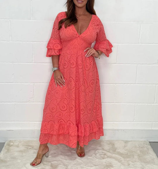 Damen Maxikleid mit floraler Lochstickerei und weiten Ärmeln EB