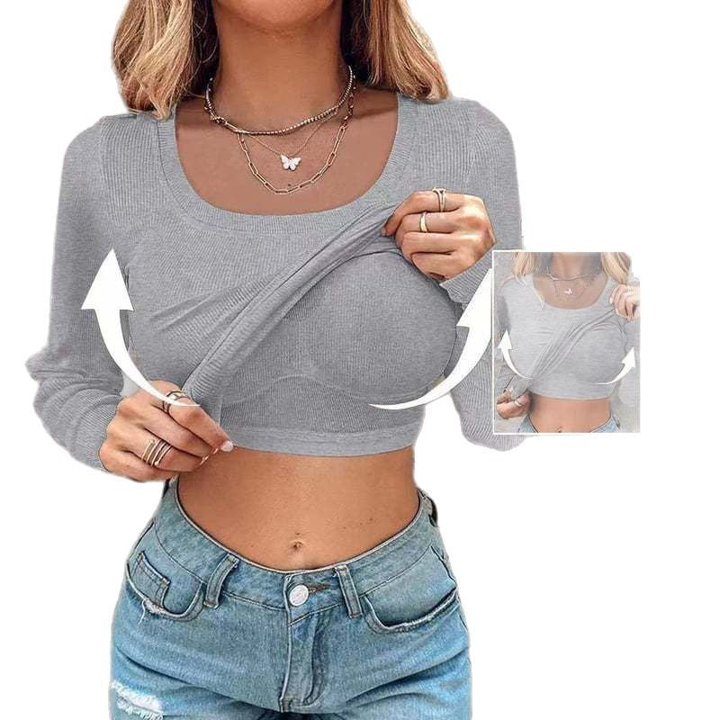 Damen Langarm Crop Top mit eingearbeitetem BH und elastischer Rippenstruktur EB