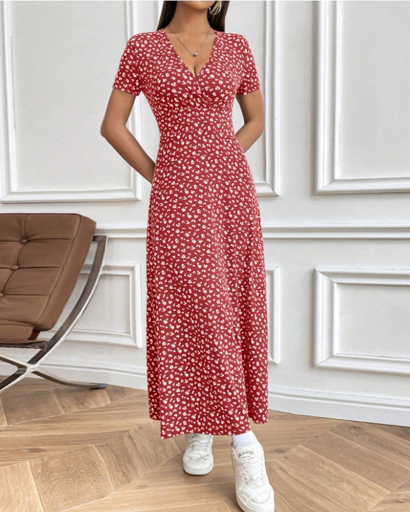 Damen nan tailliertes V-Ausschnitt Wickeloptik Maxikleid aus Viskosejersey mit kurzen Ärmeln und A-Linien-Saum EB