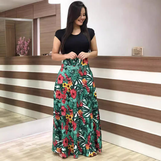 Damen Elegantes Maxikleid mit grafischem Druck und flexiblem Bund EB