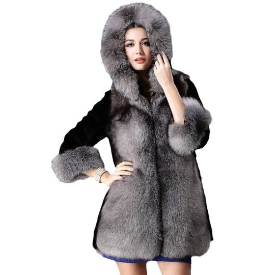 Damen Luxus Kunstpelzjacke mit Kapuze und dekorativen Details EB