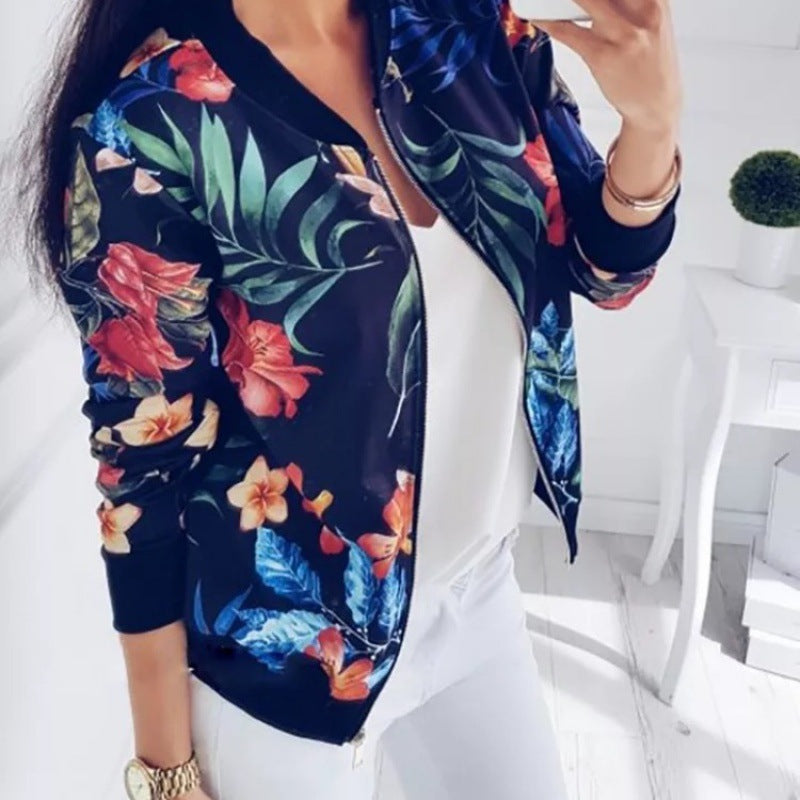 Damen Blousonjacke mit floralem Allover-Print, Reißverschluss und Rippbündchen EB