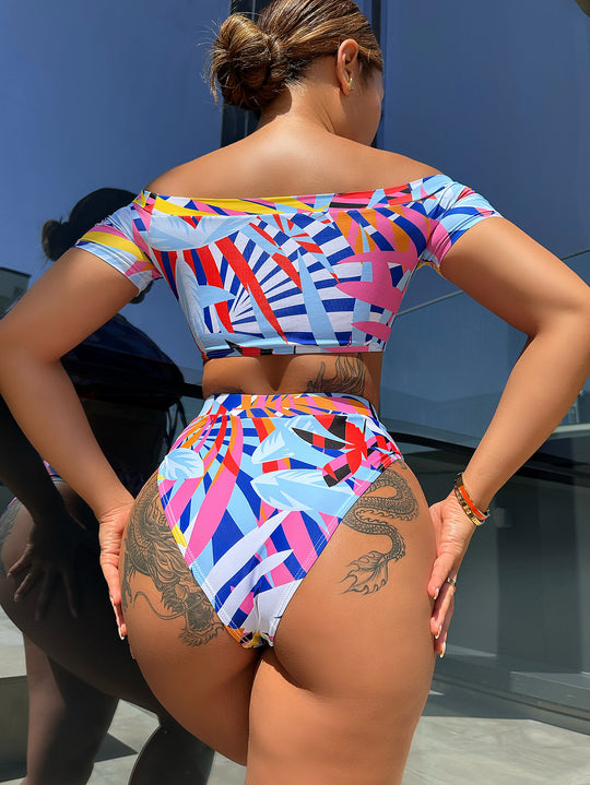 Damen modisches Bikini-Set mit kreativem Schnitt und buntem geometrischem Design EB