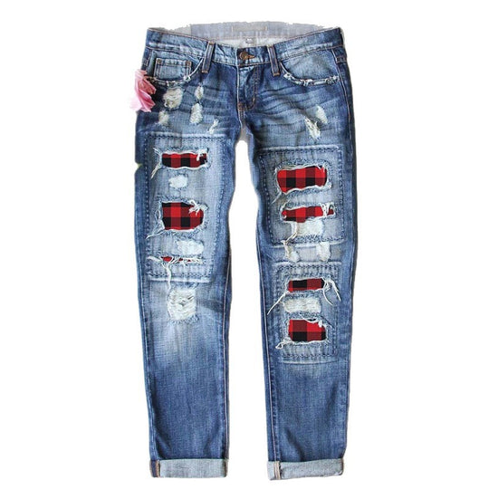 Damen Jeans mit stylischen Rissen und Karomuster EB
