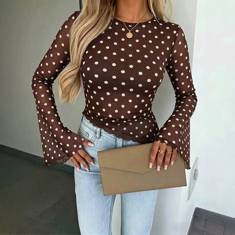 Damen Transparente Mesh-Polka‑Dot-Bluse mit taillierter Passform und Glockenärmeln EB