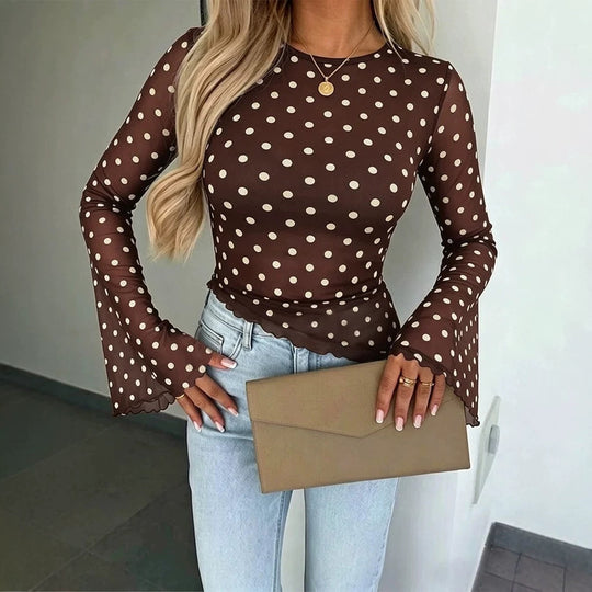 Damen Transparente Mesh-Polka‑Dot-Bluse mit taillierter Passform und Glockenärmeln EB