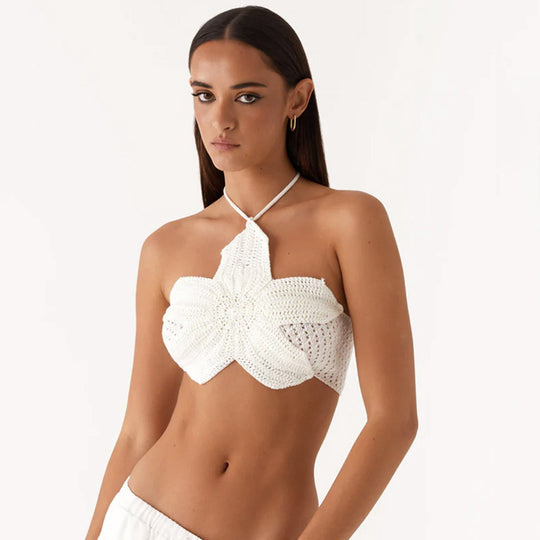 Damen Crop Top mit floralem Häkelmuster EB