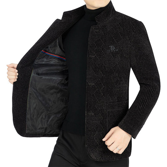 Herren Moderner Stehkragen-Blazer im Bouclé-Look mit feiner geometrischer Struktur EB