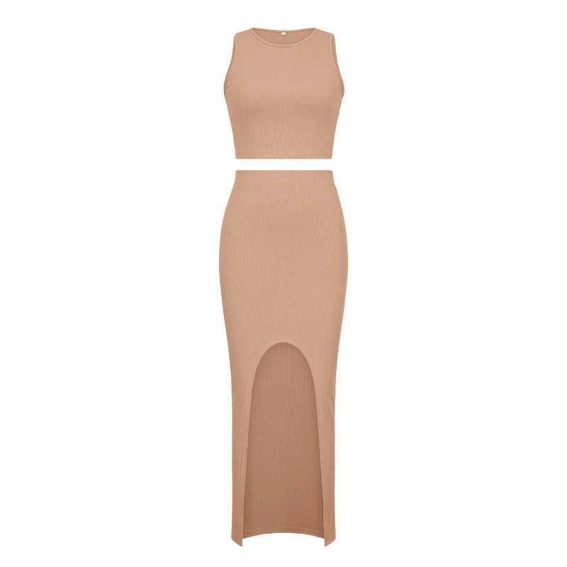 Damen Set aus crop Top und Maxi-Rock mit hohem Schlitz EB