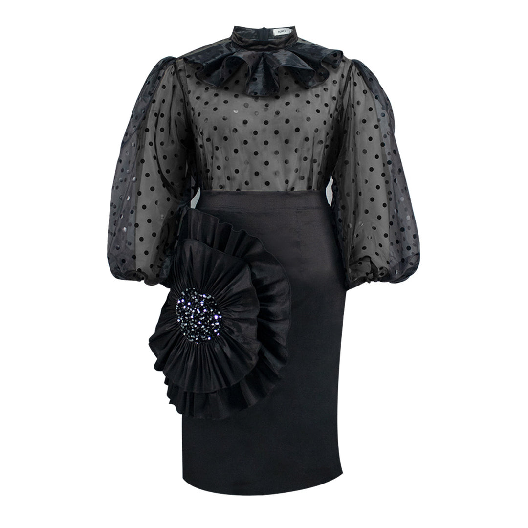 Damen Elegantes Kleid mit transparenten Puffärmeln und Rüschenakzent EB