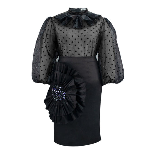 Damen Elegantes Kleid mit transparenten Puffärmeln und Rüschenakzent EB