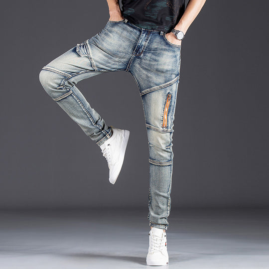 Herren Designer Slim Fit Jeans mit kreativen Reißverschlussdetails EB