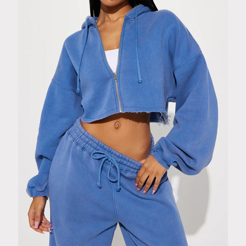Damen nan Kapuzen-Crop-Top und weite Jogginghose Lounge-Set aus weichem Fleece EB
