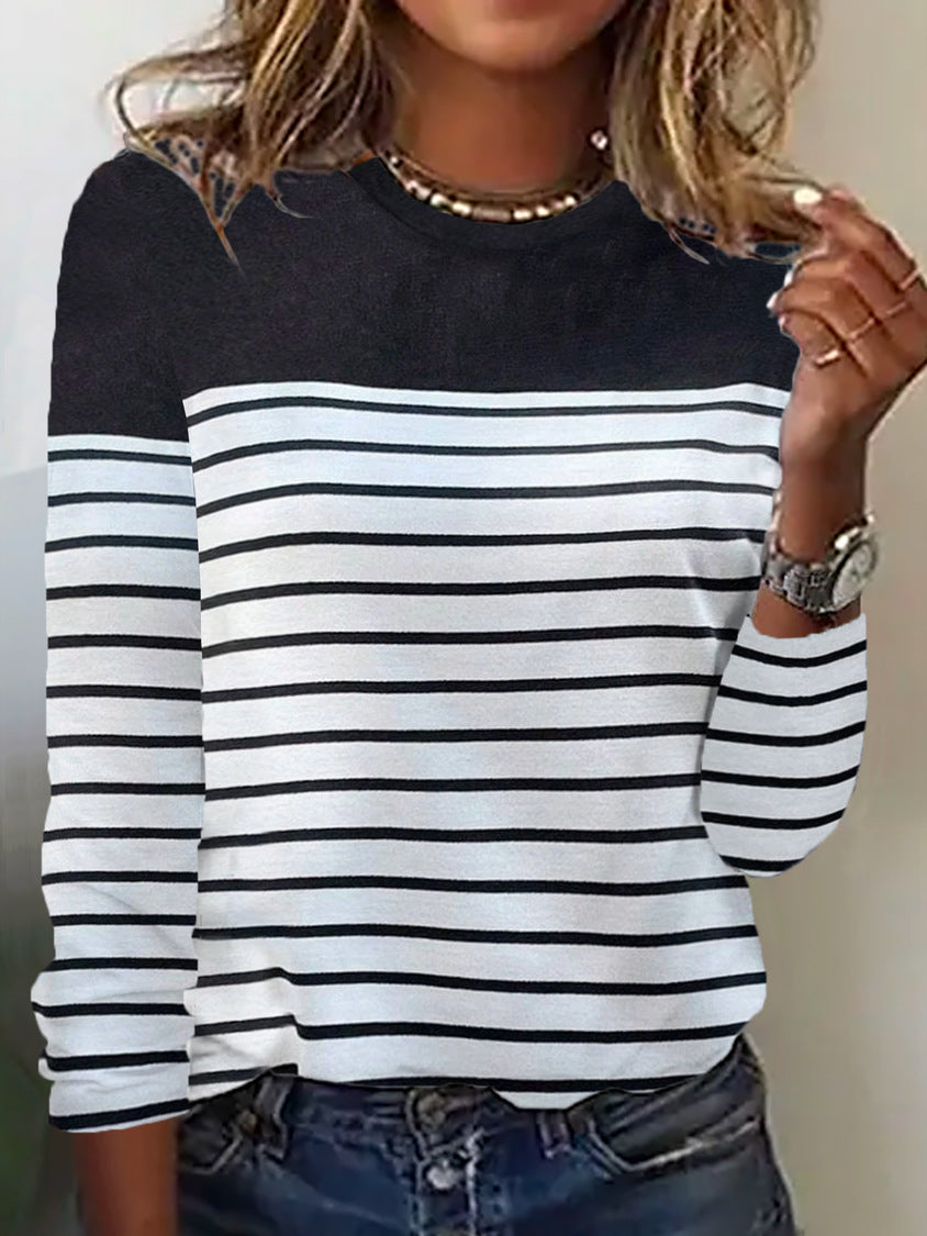 Damen Lässiges Rundhals Longsleeve mit Streifenmuster EB