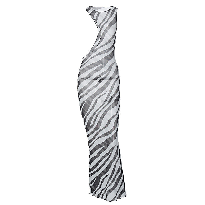 Damen Maxikleid mit asymmetrischem Schnitt und transparentem Zebra-Muster EB