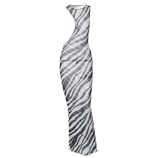 Damen Maxikleid mit asymmetrischem Schnitt und transparentem Zebra-Muster EB