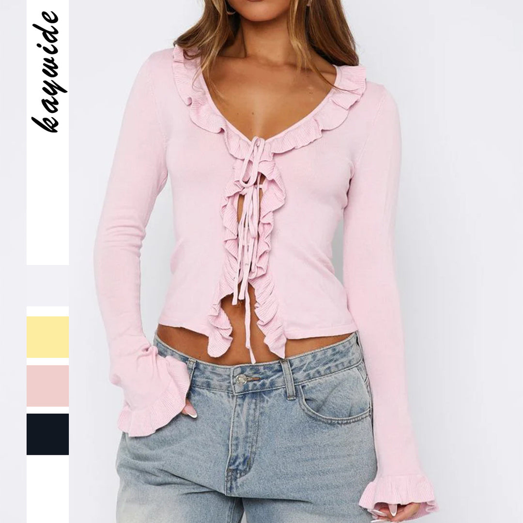Damen nan tailliertes Rüschen-Feinstrick-Cardigan mit Bindeband, V-Ausschnitt und Volantärmeln EB