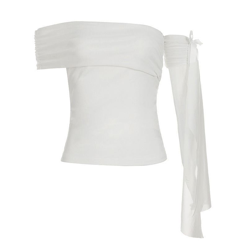 Damen Off-Shoulder Oberteil mit Rüschendetails und transparentem Ärmel EB