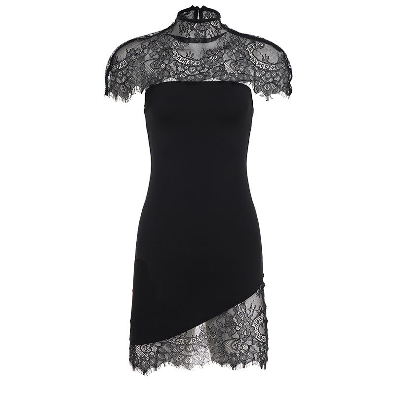 Damen Spitzenkleid mit asymmetrischem Saum und elegantem Kragen EB
