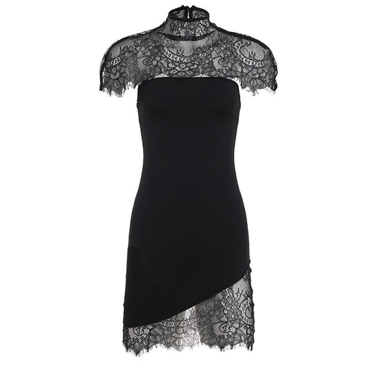 Damen Spitzenkleid mit asymmetrischem Saum und elegantem Kragen EB