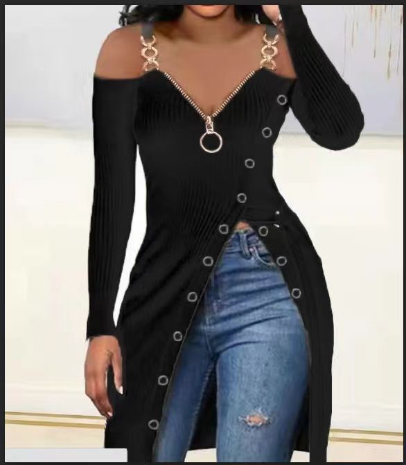 Damen Off-Shoulder Kleid mit Reißverschluss und Knopfdetaillierung EB