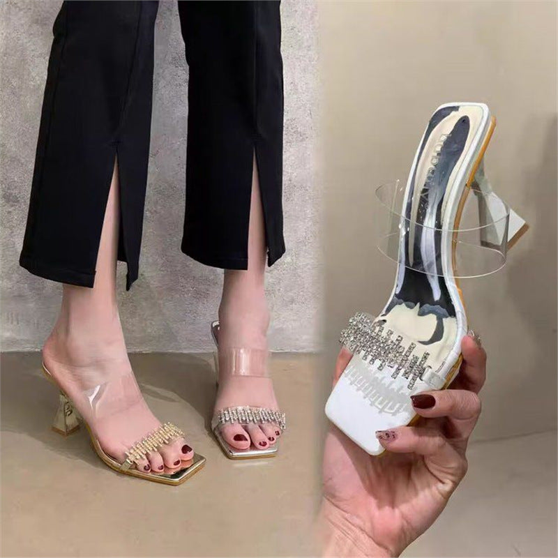 Damen elegante High Heel Sandalen mit transparentem Riemendesign und funkelnden Strassakzenten EB