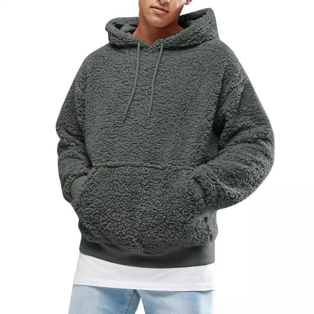 Herren Lässiger Teddy-Fleece Hoodie mit praktischen Kängurutaschen und verstellbarem Kordelzug EB