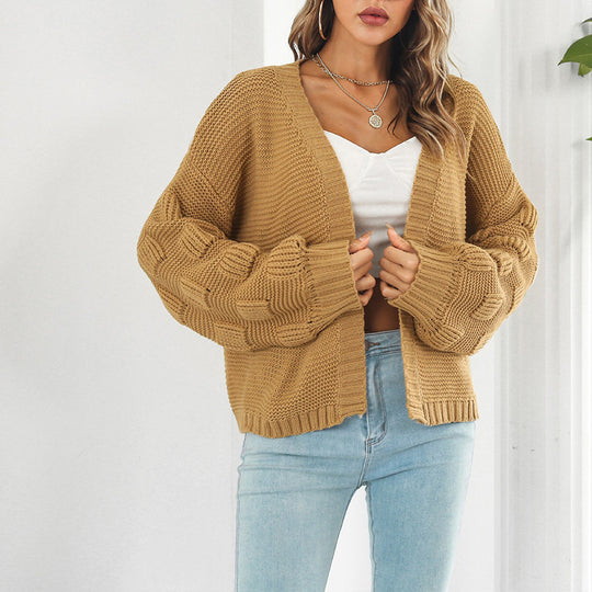 Damen Grobstrick Cardigan mit breiten Ärmeln und V-Ausschnitt EB