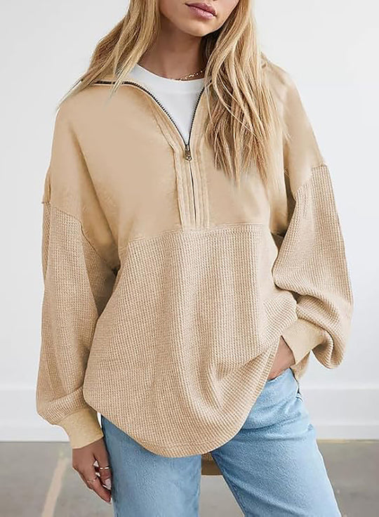 Damen lässiger Kapuzenpullover mit halblangem Reißverschluss und strukturiertem Material EB