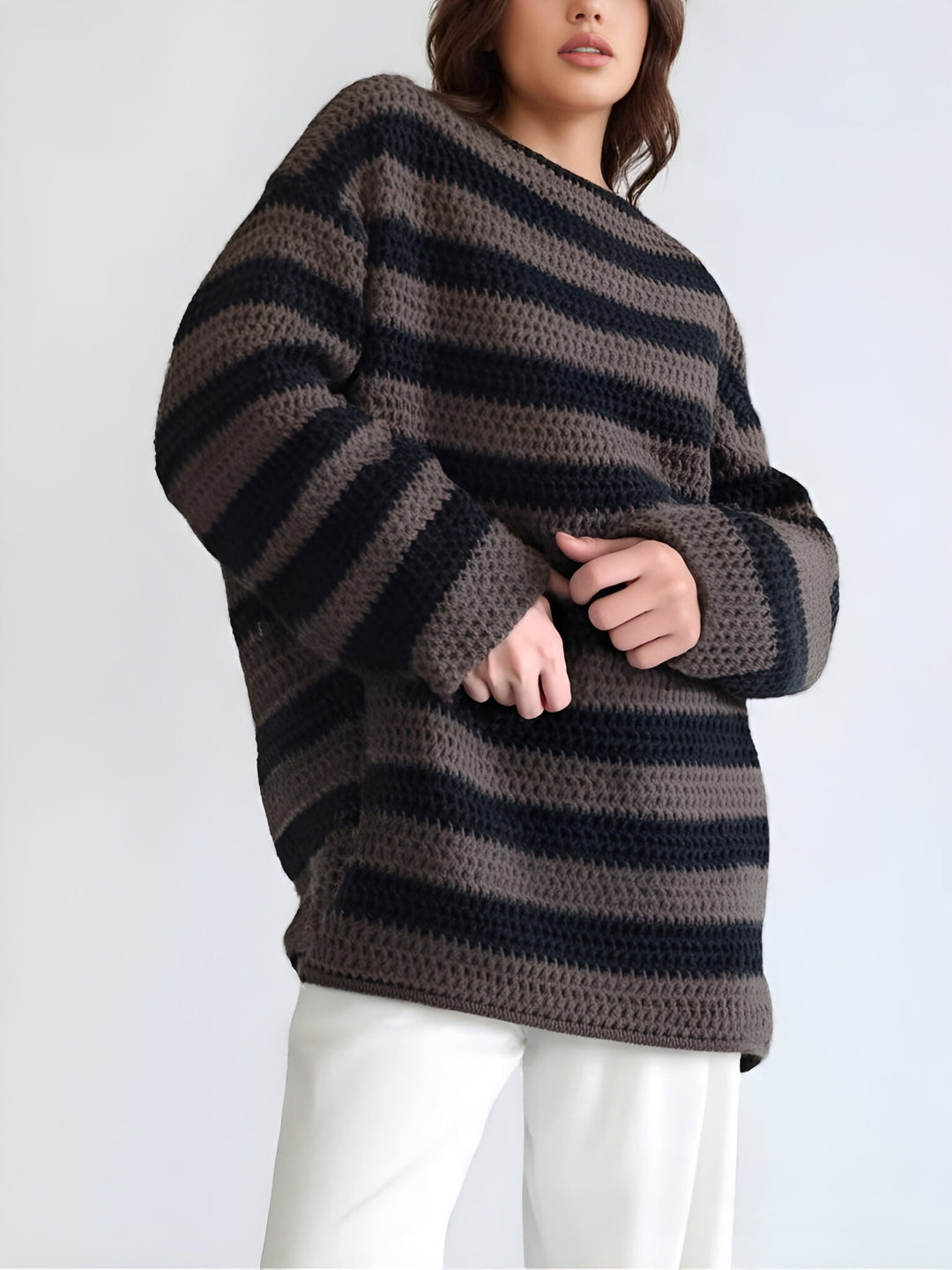Damen Grobstrickpullover mit modischem Streifenmuster und lässigem Schnitt EB