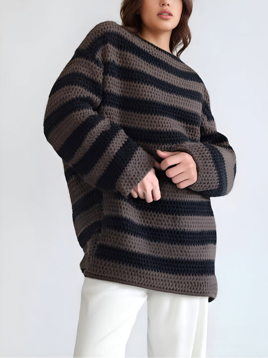 Damen Grobstrickpullover mit modischem Streifenmuster und lässigem Schnitt EB