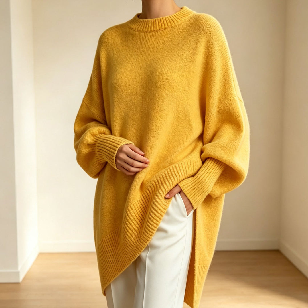 Damen Oversize Longline Feinstrick-Pullover mit Raglanärmeln und geripptem Saum EB